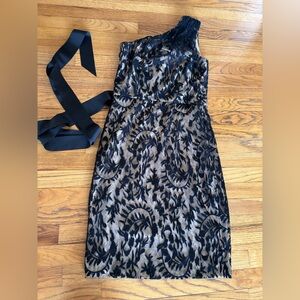 Cache One-Shoulder Black Lace Overlay Dress with Taupe Underlay